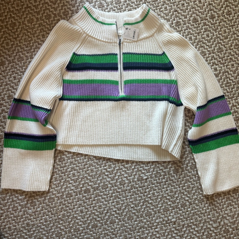 Free people Striped Half-Zip Cropped Sweater in Cream, Green & Purple